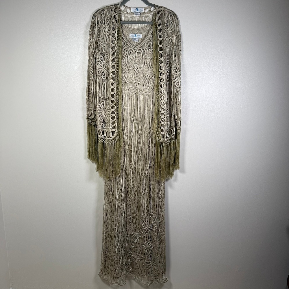 Sue Wong Lace Gown & Shawl 10 Beige Silk Soutache Fringe Formal Evening Y2K Vtg